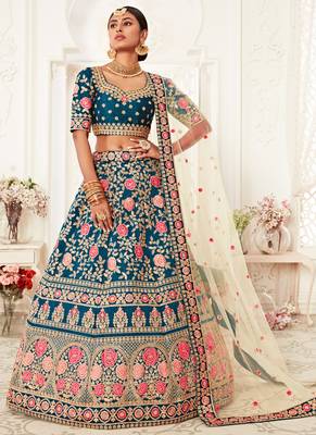 Aqua Blue Art Silk Heavy Embroidery Bridal Lehenga 2