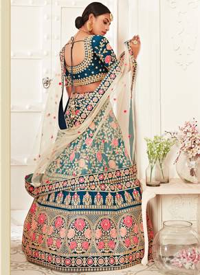 Aqua Blue Art Silk Heavy Embroidery Bridal Lehenga 3