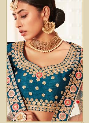 Aqua Blue Art Silk Heavy Embroidery Bridal Lehenga 4