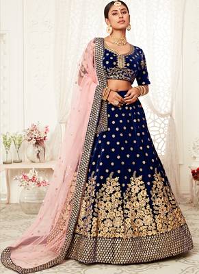 Royal Blue Velvet Heavy Embroidery Bridal Lehenga 1