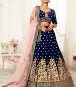 Royal Blue Velvet Heavy Embroidery Bridal Lehenga