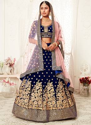 Royal Blue Velvet Heavy Embroidery Bridal Lehenga 2