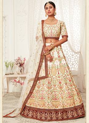Off White Art Silk Heavy Embroidery Bridal Lehenga 1