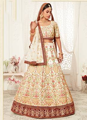 Off White Art Silk Heavy Embroidery Bridal Lehenga 2