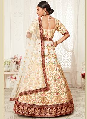 Off White Art Silk Heavy Embroidery Bridal Lehenga 3