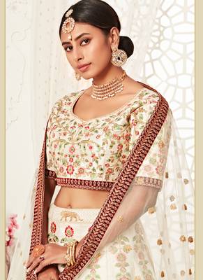 Off White Art Silk Heavy Embroidery Bridal Lehenga 4