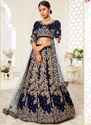 Navy Blue Velvet Heavy Embroidery Bridal Lehenga 1