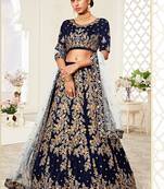 Navy Blue Velvet Heavy Embroidery Bridal Lehenga