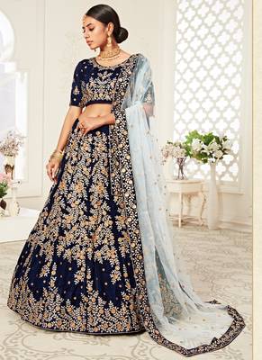 Navy Blue Velvet Heavy Embroidery Bridal Lehenga 2