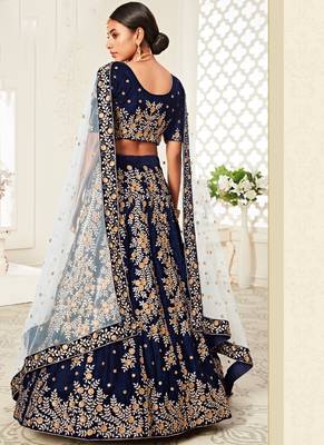 Navy Blue Velvet Heavy Embroidery Bridal Lehenga 3