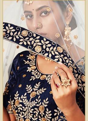 Navy Blue Velvet Heavy Embroidery Bridal Lehenga 4