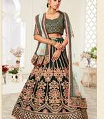 Dark Green Velvet Heavy Embroidery Bridal Lehenga