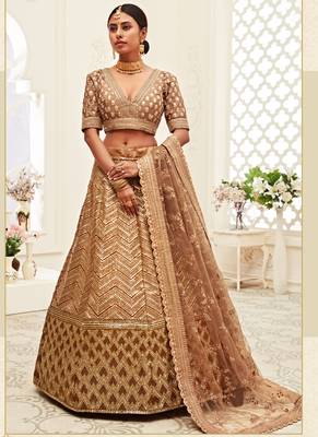 Beige Art Silk Heavy Embroidery Bridal Lehenga 1