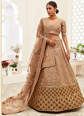 Beige Art Silk Heavy Embroidery Bridal Lehenga 2