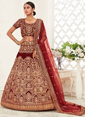 Maroon Velvet Heavy Embroidery Bridal Lehenga 1