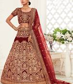 Maroon Velvet Heavy Embroidery Bridal Lehenga