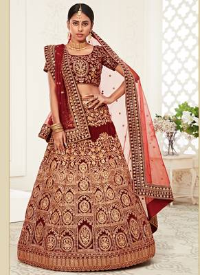 Maroon Velvet Heavy Embroidery Bridal Lehenga 2
