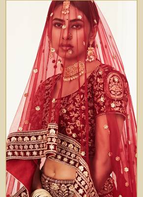Maroon Velvet Heavy Embroidery Bridal Lehenga 4