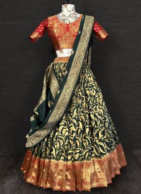 Dark Green Banarasi Jaquard Bridal Lehenga 1