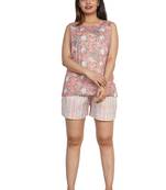 Peach Floral Printed Loungewear with Stripes Shorts