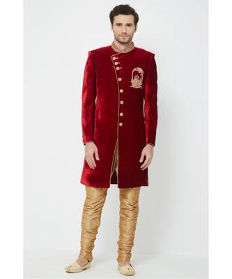 Maroon  velvet plain stitched  Sherwani  Churidar 1