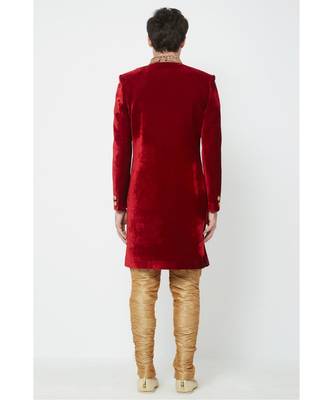 Maroon  velvet plain stitched  Sherwani  Churidar 2