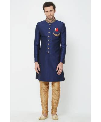 blue art dupion silk plain stitched  Sherwani  Churidar 1