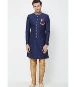 blue art dupion silk plain stitched  Sherwani  Churidar