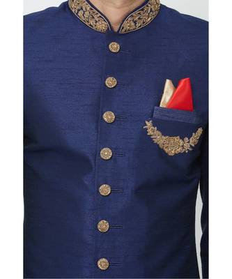 blue art dupion silk plain stitched  Sherwani  Churidar 3