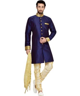 blue art dupion silk plain stitched  Sherwani  Churidar 1