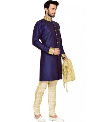 blue art dupion silk plain stitched  Sherwani  Churidar 3
