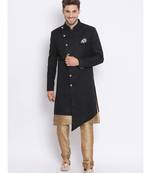 Black  Viscose plain stitched  Sherwani  Kurta  Churidar