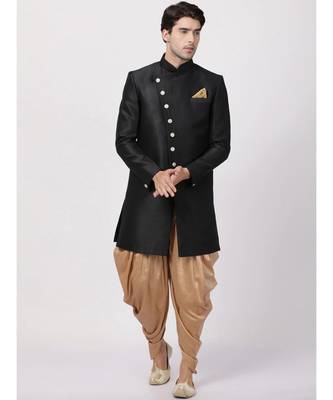 Black art dupion silk plain stitched  Sherwani  Peshawari 1