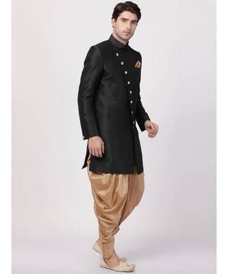 Black art dupion silk plain stitched  Sherwani  Peshawari 3