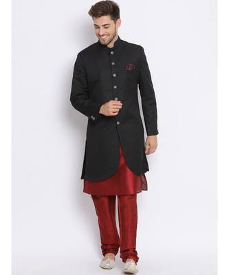 Black  Viscose plain stitched  Sherwani  Kurta  Churidar 3