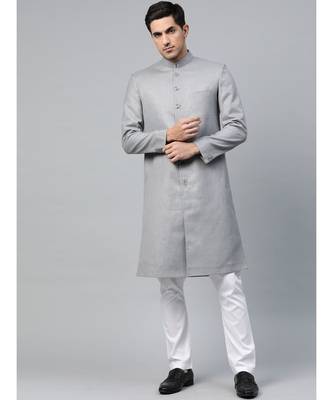 Grey  Viscose plain stitched  sherwani  Pant 1