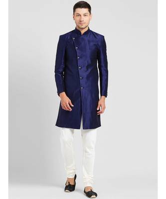 BLUE art dupion silk plain stitched  Sherwani  Chruidar 1