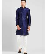 BLUE art dupion silk plain stitched  Sherwani  Chruidar