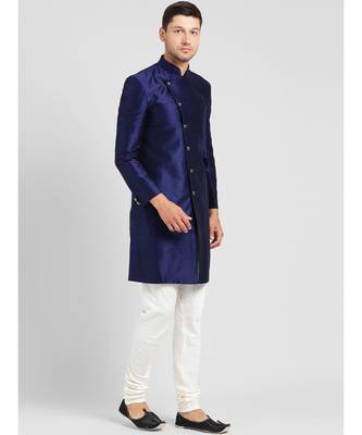 BLUE art dupion silk plain stitched  Sherwani  Chruidar 3