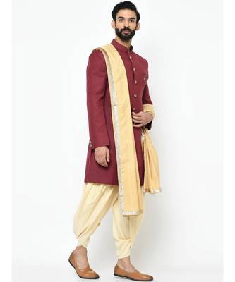 Maroon  Viscose plain stitched  Sherwani  Dupatta  Peshawari 3
