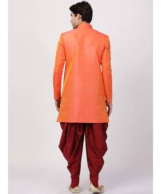 Peach  art dupion silk plain stitched  Sherwani  Peshawari 3