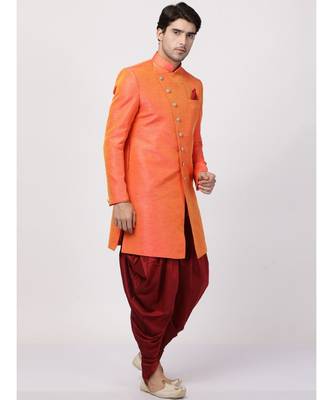 Peach  art dupion silk plain stitched  Sherwani  Peshawari 1
