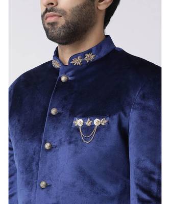 BLUE velvet plain stitched  sherwani  Pant 2