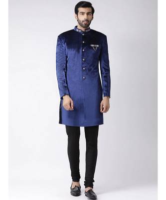 BLUE velvet plain stitched  sherwani  Pant 1