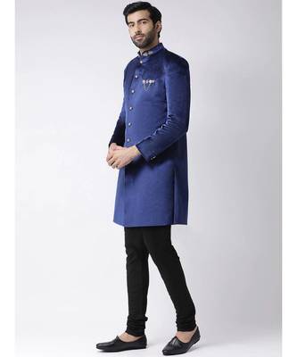 BLUE velvet plain stitched  sherwani  Pant 3