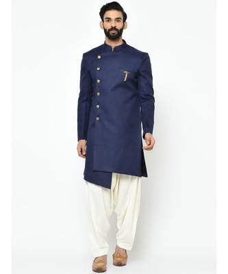 BLUE Viscose plain stitched  Sherwani  Peshwari 1