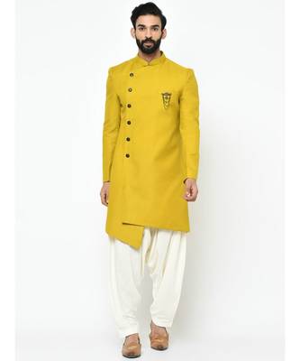 Yellow  Viscose plain stitched   sherwani  peshawari 1