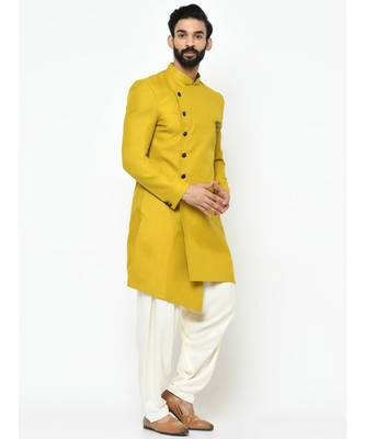 Yellow  Viscose plain stitched   sherwani  peshawari 3