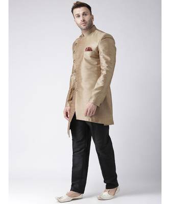 gold art dupion silk plain stitched  Sherwani  Peshwari 3