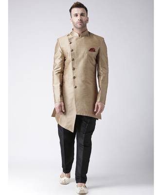 gold art dupion silk plain stitched  Sherwani  Peshwari 1
